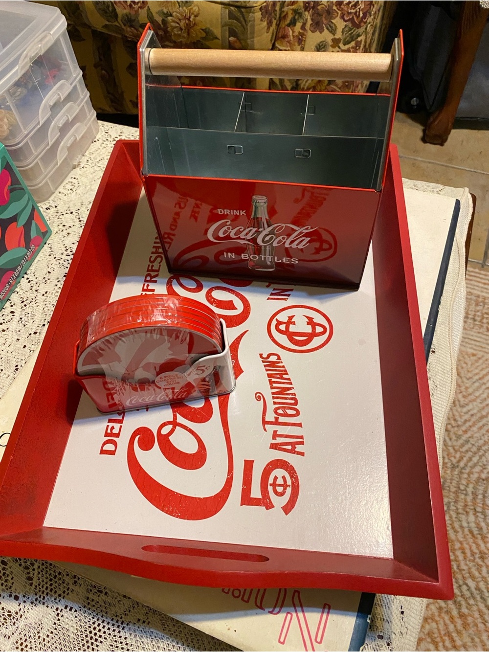 Coca-Cola Advertising Serving Tray Coasters and Napkin/Utensil Holder